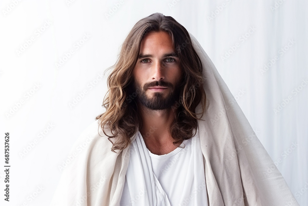 beautiful young handsome resurrected Jesus Christ in white robe, generative AI beautiful young handsome resurrected Jesus Christ in white robe, generative AI