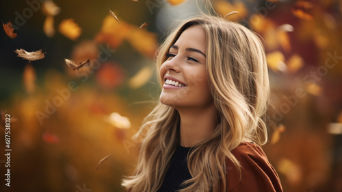 Portrait of young european fashionable female model, shot from the side, smiling, looking to the side, vibrant colorful autumn leaves background