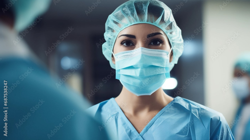 Smiling surgeon middle east woman in surgical operating room, talented doctor surgeon successfully performed complex surgery on patient, happy smiling middle east woman in medical coat and cap. Profes Smiling surgeon middle east woman in surgical operating room, talented doctor surgeon successfully performed complex surgery on patient, happy smiling middle east woman in medical coat and cap. Profes