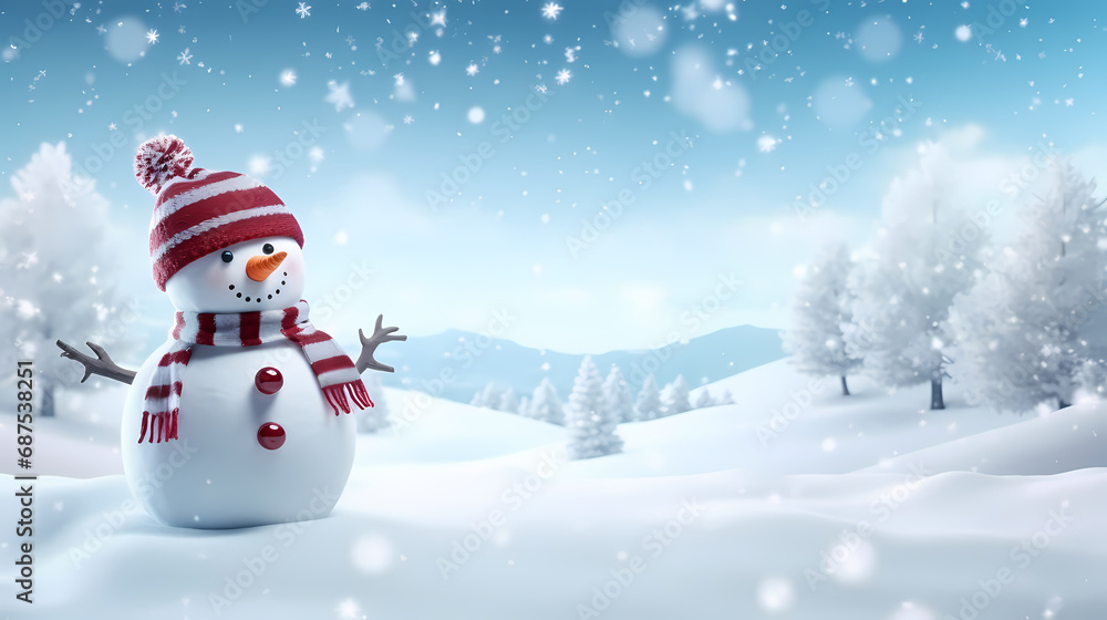 Panoramic view of happy snowman in winter secenery with copy space,PPT background