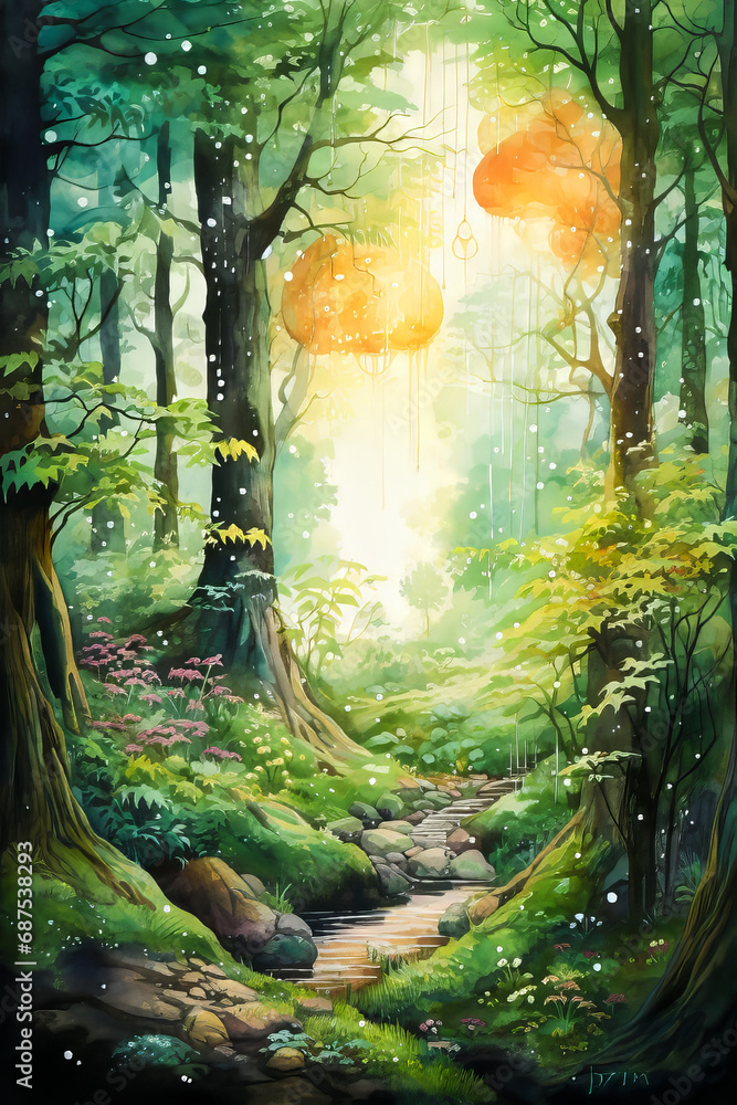 Cryptic Forest. Generated Image. A digital illustration of an enchanted