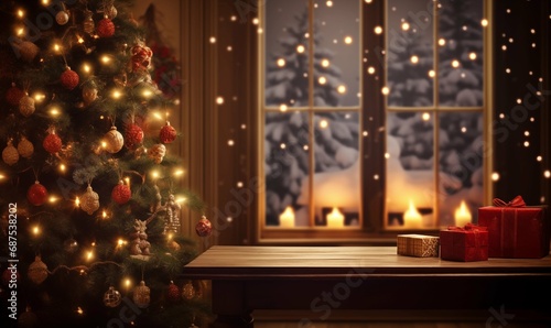Festive Wooden Table with Christmas-inspired Backdrop