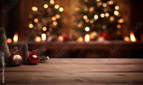 Rustic Wooden Table with Christmas Decor in the Background