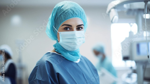 Smiling surgeon middle east woman in surgical operating room, talented doctor surgeon successfully performed complex surgery on patient, happy smiling middle east woman in medical coat and cap. Profes