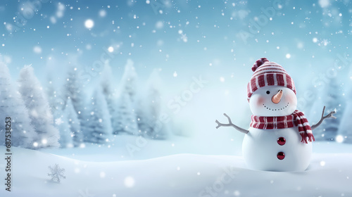 Panoramic view of happy snowman in winter secenery with copy space,PPT background © jiejie