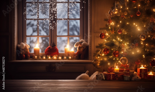 Festive Christmas Background with Empty Wooden Table