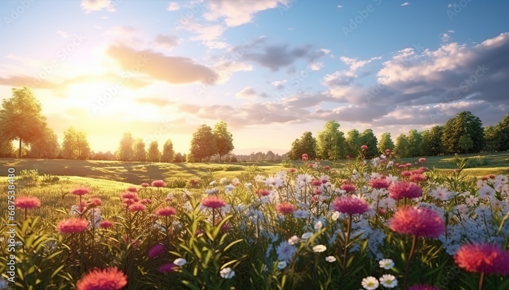 Fototapeta premium Sun drenched spring summer panoramic landscape green meadow with wild flowers against blue sky, clouds and forest, nature picture Generative AI