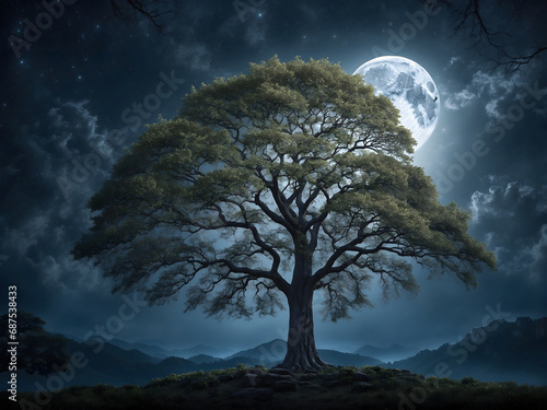 A pleasant and calm tree showering in moonlight 