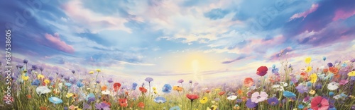 Cosmos flowers pink, lilac and white on meadow against blurred blue sky with clouds, spring summer landscape of flower field pastoral airy artistic image nature illustration Generative AI
