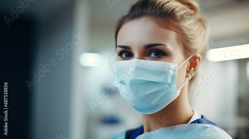 European mid pleased dentist woman in face mask working in dental clinic, Young female dentist posing for the camera in her office while wearing a face mask, generative ai