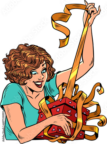 Celebrating important days and events. A woman opens a gift box. A Christmas gift can also be for a birthday. Pop Art Retro