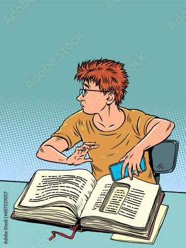 Knowledge is transformed into new forms. A boy in glasses with a book and a phone. Hide secrets from prying eyes. Pop Art Retro