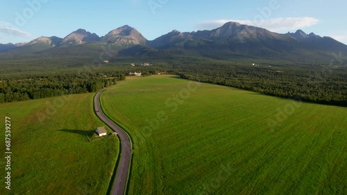 Aerial fly over above the mountains and hiking trails of the Tatra National Park on the boarder of Slovakia and Poland