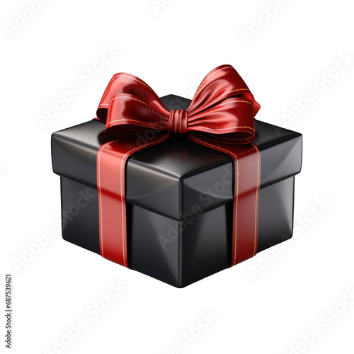 Black Gift Box with Red Bow Isolated on Transparent or White Background, PNG