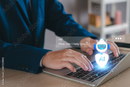 Chat robot ai assistant concept. Businessman show command prompt to smart ai chatbot. Modern technology ai or artificial intelligence service business analysis. Futuristic technology transformation.