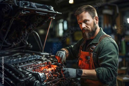 A man working on a car engine in car repair shop.