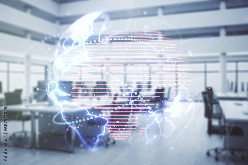 Double exposure of abstract digital world map hologram with connections on a modern furnished office interior background, big data and blockchain concept Double exposure of abstract digital world map hologram with connections on a modern furnished office interior background, big data and blockchain concept