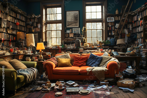 A messy and tidy living room with all kinds of things scattered on the floor. Ð’ots of clutter.