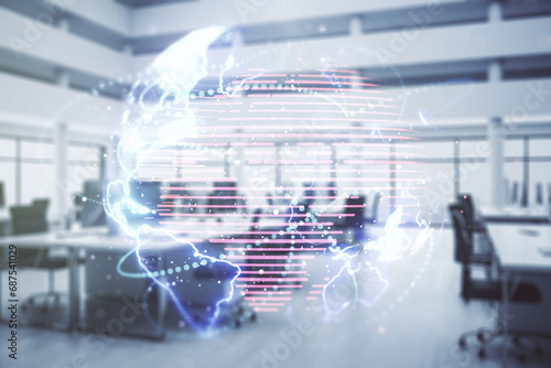 Double exposure of abstract digital world map hologram with connections on a modern furnished office interior background, big data and blockchain concept