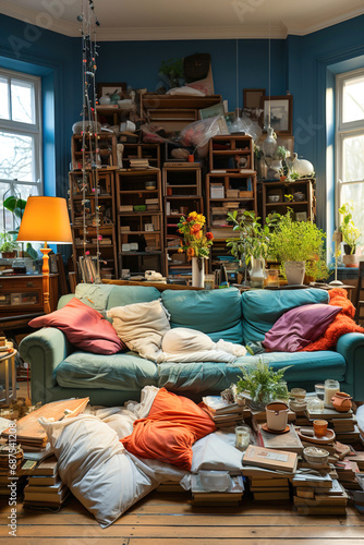 A messy and tidy living room with all kinds of things scattered on the floor. Ð’ots of clutter.