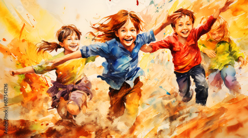 Group of happy children jumping and having fun in watercolor painting.