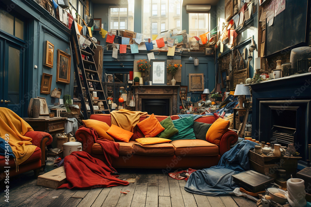 Photo &amp; Art Print A messy and tidy living room with all kinds of 