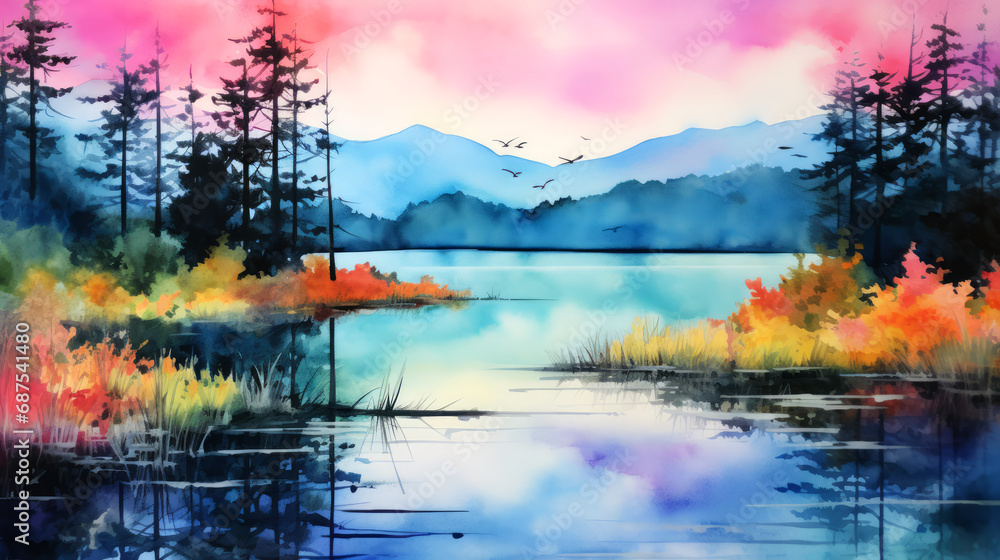 Landscape with lake, mountains and forest. Digital art painting.