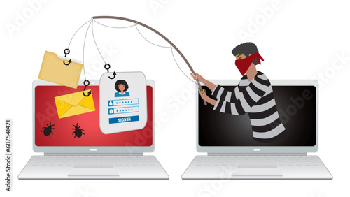 Phishing, theft online. Man with fishing rood taking items from other computer. Security and advices. Isolated. Vector illustration.