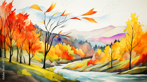 Watercolor autumn landscape with colorful forest. 