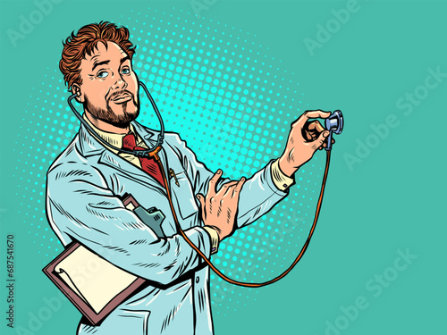 Healthcare and medical institutions under government agencies. A professional at work. A male doctor listens to a patient. Pop Art Retro