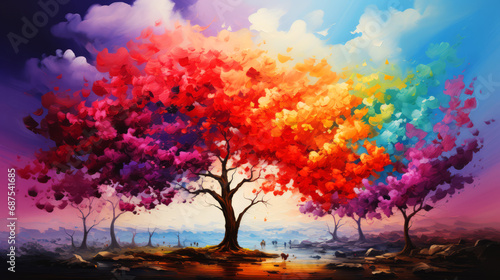 Tree with colorful leaves in watercolor style. Abstract natural background.