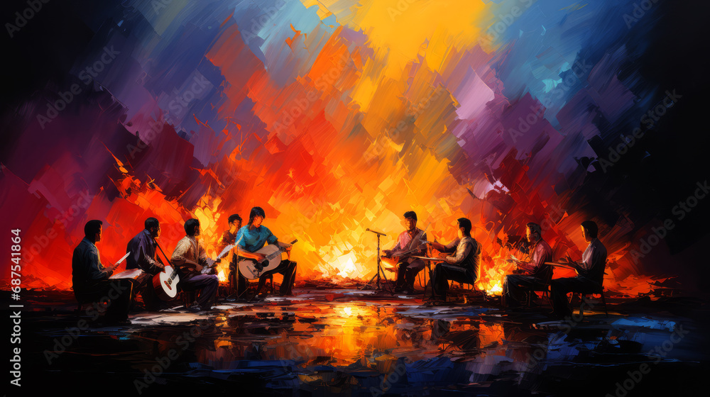 Indian people playing musical instruments on fire with colorful background, Digital painting. - obrazy, fototapety, plakaty 