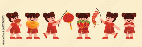 Chinese New Year Celebration with Girls in Traditional Costume, Vector, Illustration