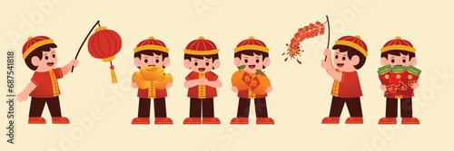 Chinese New Year Celebration with Boys in Traditional Costume, Vector, IllustrationVector, Illustration