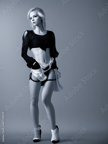 Party model in black and white photography, fashion exhibition, isolated background