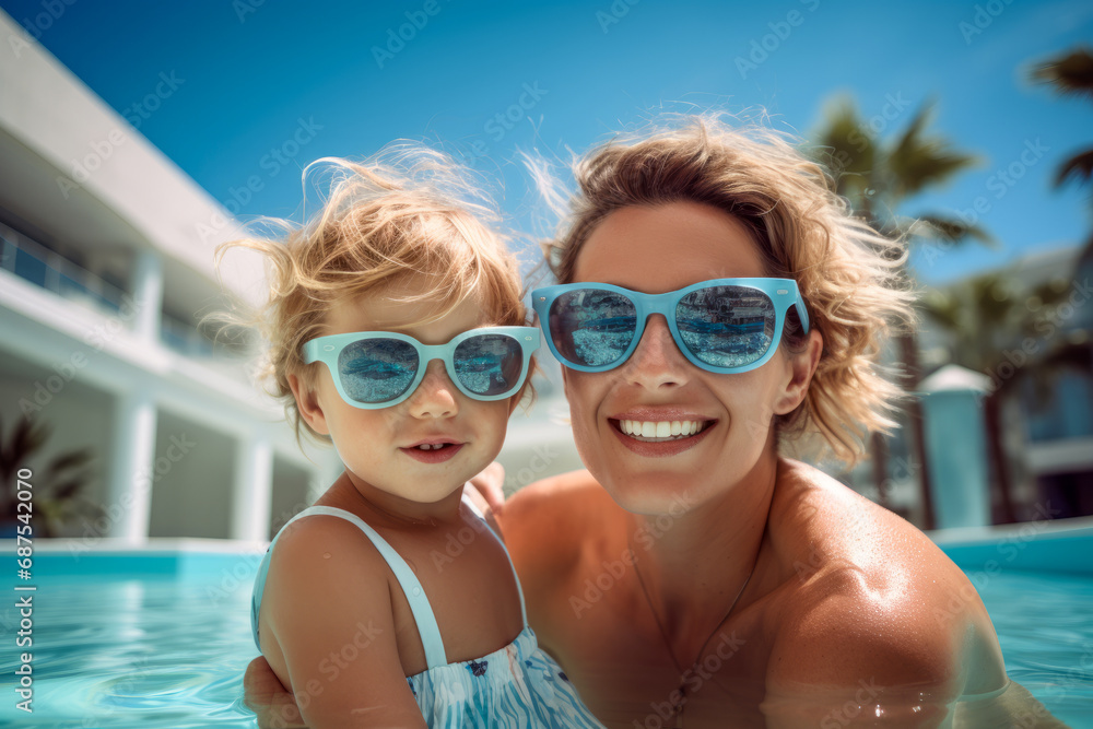 Mother and child in the swimming pool background. Mother and child in the swimming pool background.