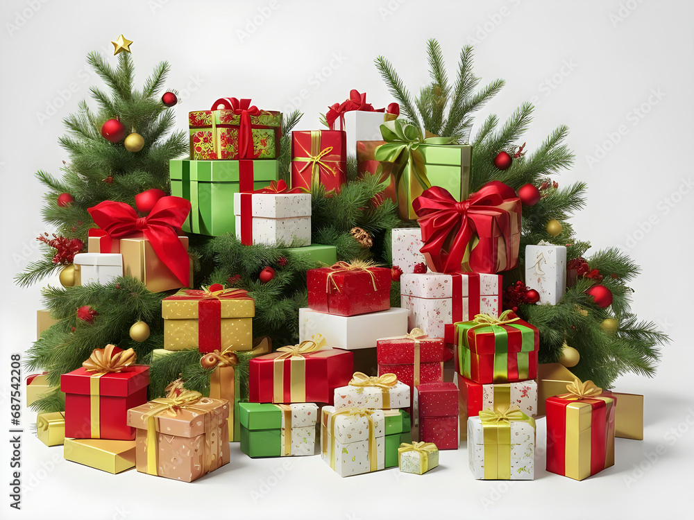 Christmas tree branches with gift boxes on white background Christmas tree branches with gift boxes on white background