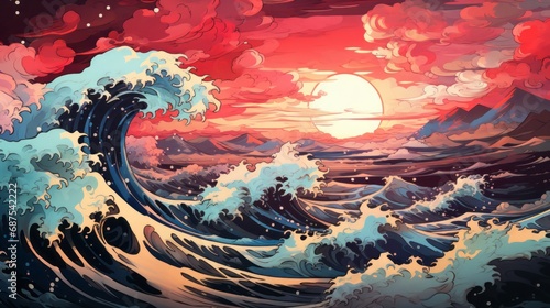 Japan style sea wave digital art.