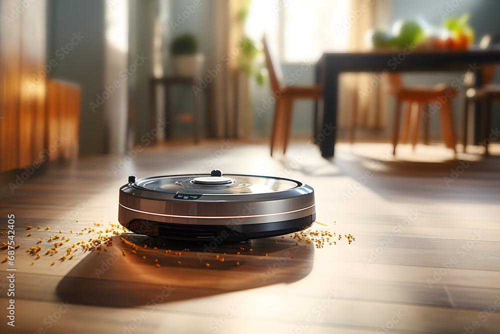 Robot vacuum cleaner removes crumbs from the floor of modern dining room close-up - obrazy, fototapety, plakaty 