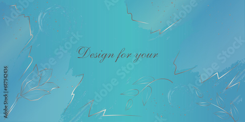 Vector composition color sea wave, silver, flowers, branches of rachens. For design greeting cards, invitations, use for banners, wall art, prints and fabrics
