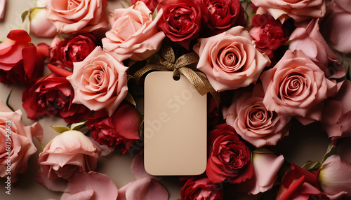 Blank empty tag mock up with romantic flowers. Wedding. Mothers Day. Valentine's Day. Birthday. Happy woman's day theme copy space. Romantic design