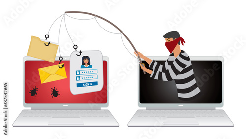 Phishing, theft online. Man with fishing rood taking items from other computer. Security and advices. Isolated. Vector illustration.