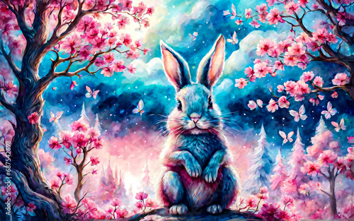 Cute rabbit, fantastic landscape in pink and blue tones. AI
