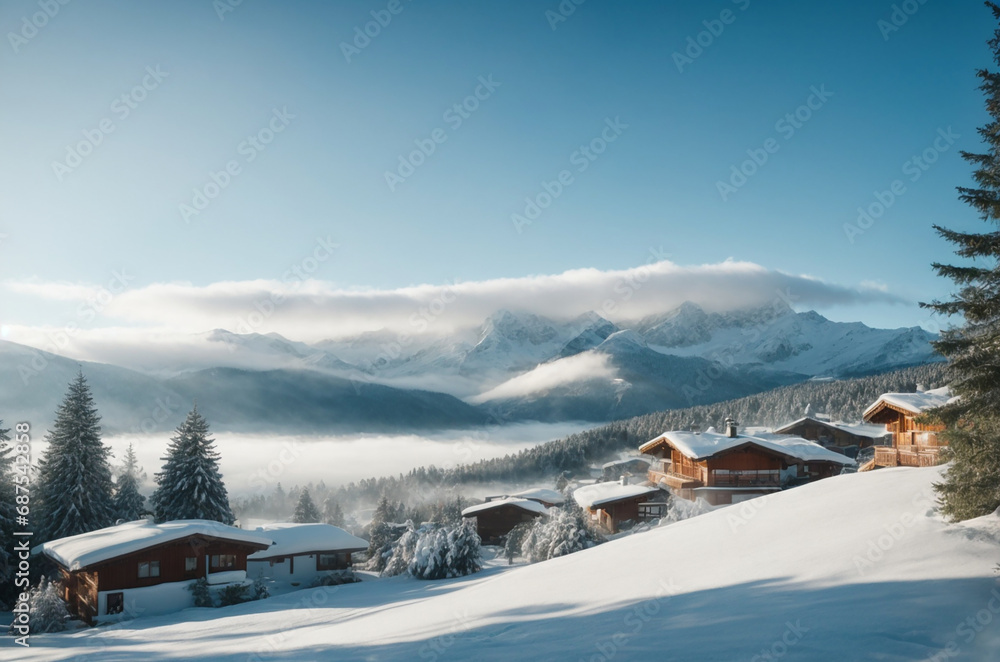 Snowy Hilltop Residences Amidst Pine Forest