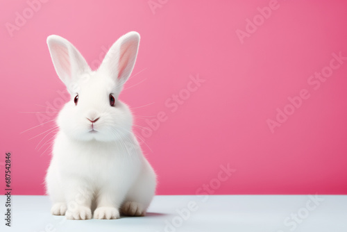 Cute white rabbit sits on a pink color background with copy space. Template for Valentine's Day, Easter or for advertising.