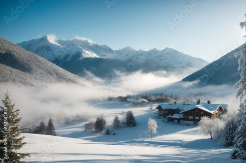 Houses on a Snowy Hill with Mountain Scenery