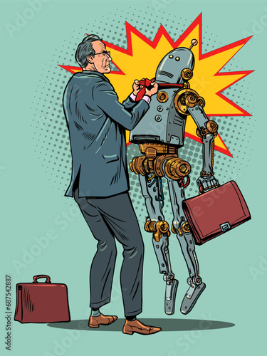 The office worker is dissatisfied with the work of the robot. Protest against artificial intelligence and the fight against it. The problem with technology in business centers. Pop Art Retro