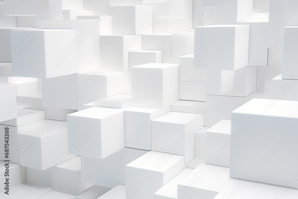 Intriguing and dynamic abstract composition featuring a clean array of white cubes or squares artfull - obrazy, fototapety, plakaty 