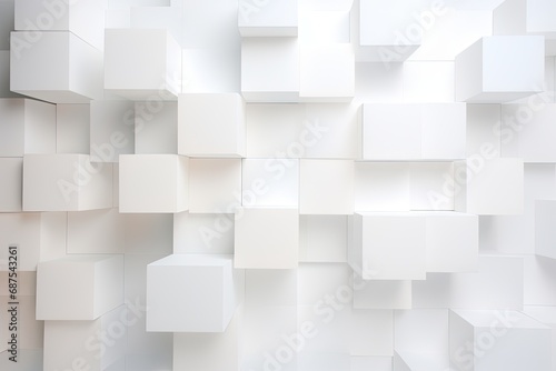 Intriguing and dynamic abstract composition featuring a clean array of white cubes or squares artfull