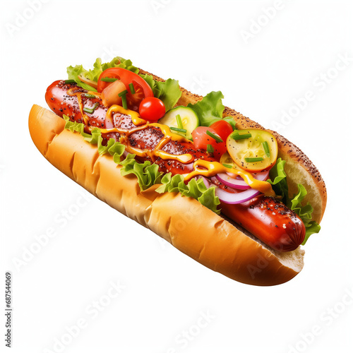 Embark on a visual journey with this timeless classic hotdog, dressed in a traditional style and adorned with rich tomato sauce, set against a pristine white background. White background